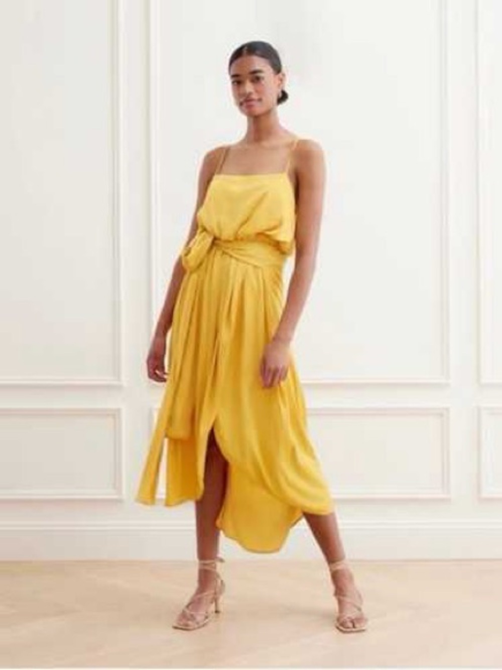 Modern Citizen Mila mustard dainty spaghetti strap satin silk maxi dress